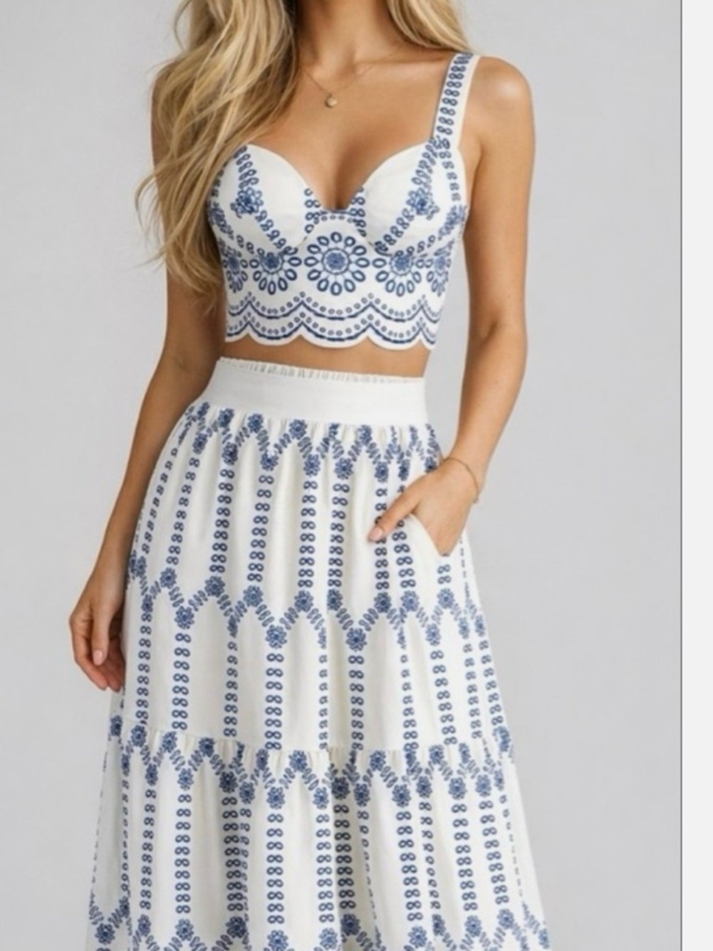 Commense White Two-Piece Embroidered Skirt Set with Blue Detail